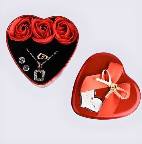 Sparkling Love Adornments jewellery & Artificial Flower in Heart Red Box ( Valentine's Gift )