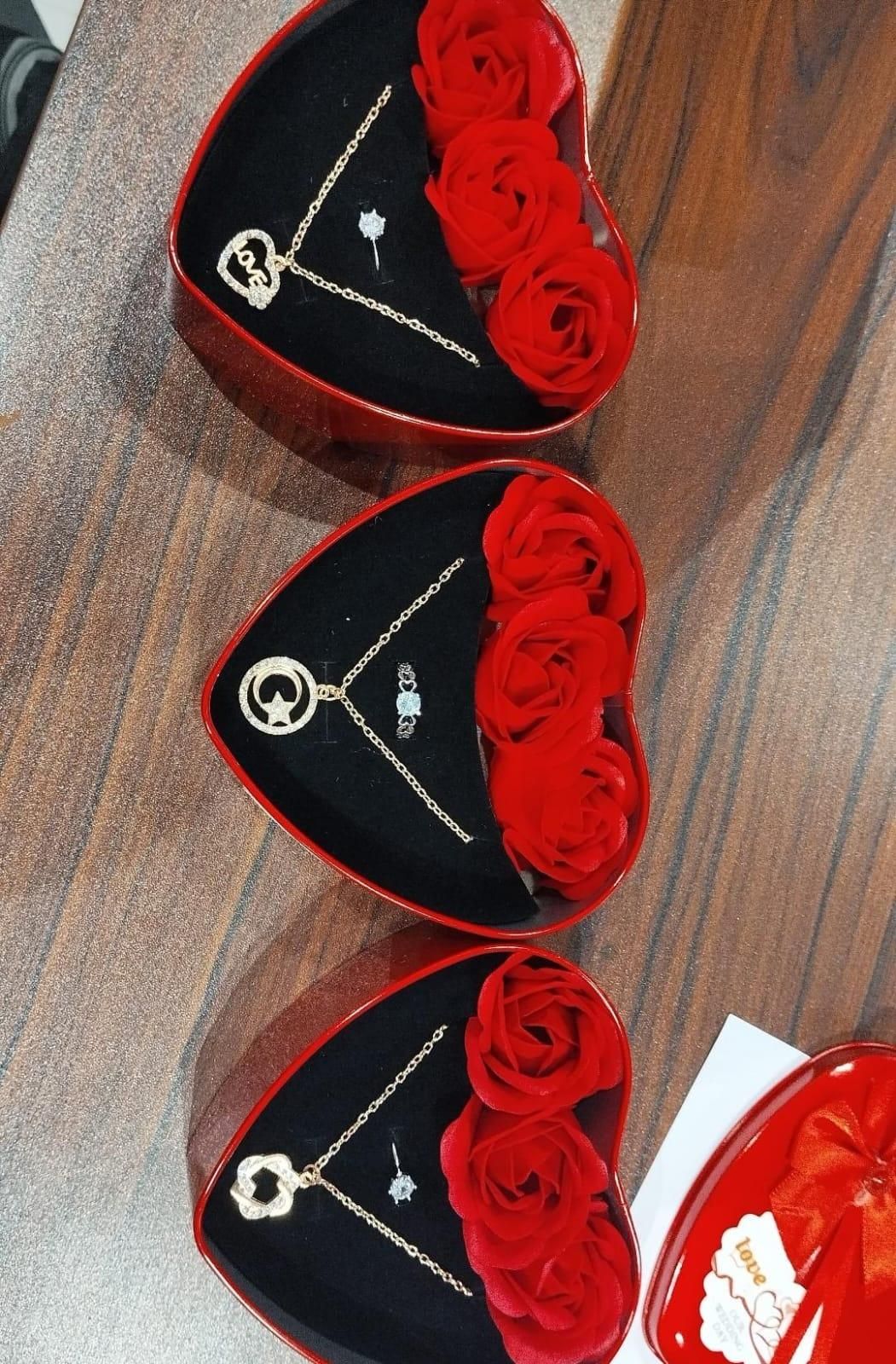 Sparkling Love Adornments jewellery & Artificial Flower in Heart Red Box ( Valentine's Gift )